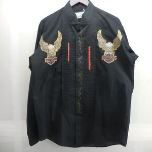 Vintage Chaplin Harley Davidson Embroidered‎ Tuxedo Shirt Black Mens Large Eagle
